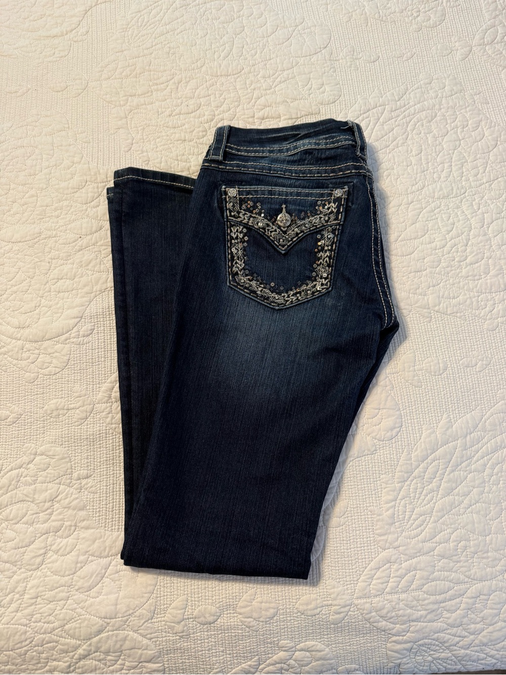 Miss Me Dark Blue Skinny Jeans with Embroidered Pocket